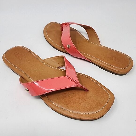 Ugg Thong Sandal Women's 9 Tuolumne Patent Flip Flop Neon Pink Logo Rivet EUC - Picture 3 of 11